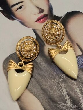 Vintage Estate Givenchy Cream Enamel Crystal Greek Key Bow Gold Earrings